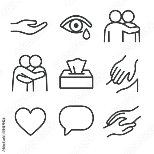 Consolation Icon Set. Outline icon set of consoling a crying person: outstretched hand, tearing eye, arm around shoulder,
