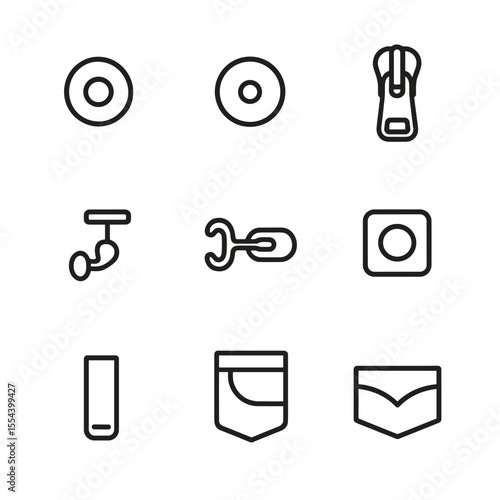 Denim Hardware Icons. Outline icon set of Denim Hardware Details: copper rivet, metal button, zipper slider, stud detail, hook
