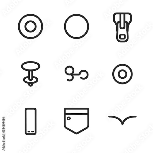 Denim Hardware Icons. Outline icon set of Denim Hardware Details: copper rivet, metal button, zipper slider, stud detail, hook