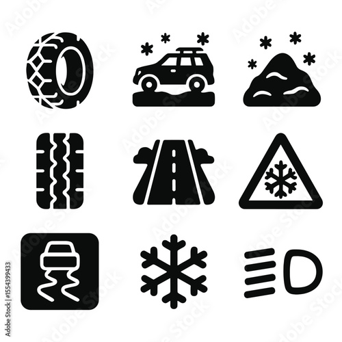 Snow Terrain Travel Icons. Solid, filled icons set of snowy terrain travel: tire with grip chains, SUV in snow