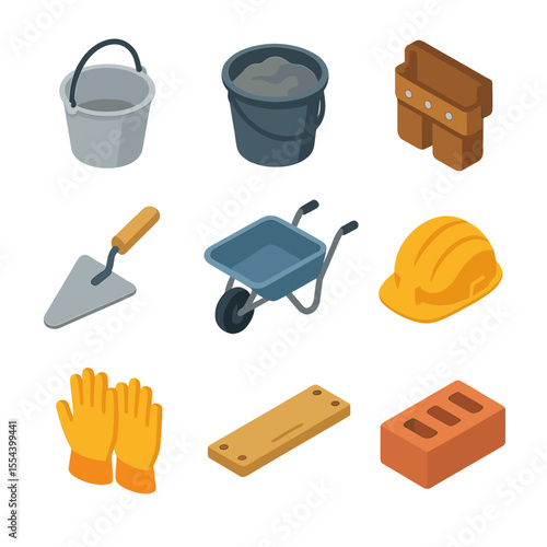 Construction Icon Grid. Isometric Flat icon set of construction site buckets: cement bucket with handle, mortar bucket, tool pouch