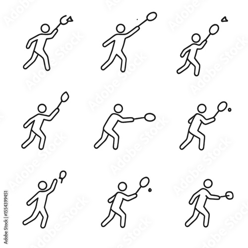 Badminton Stroke Icons. Outline icon set of Fundamental Badminton Strokes: forehand clear, backhand clear, smash, drop shot, drive