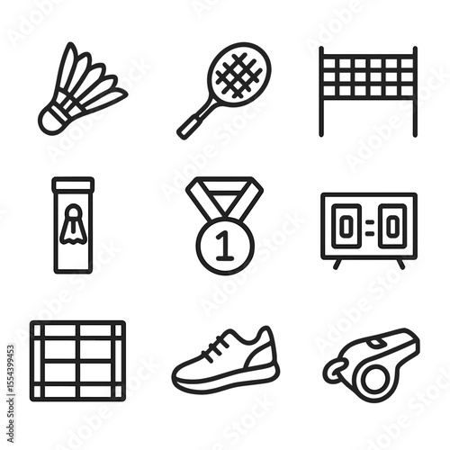 Badminton Icon Set. Outline icon set of shuttlecock sports equipment: shuttlecock, badminton racket, net, shuttle tube, scoreboard