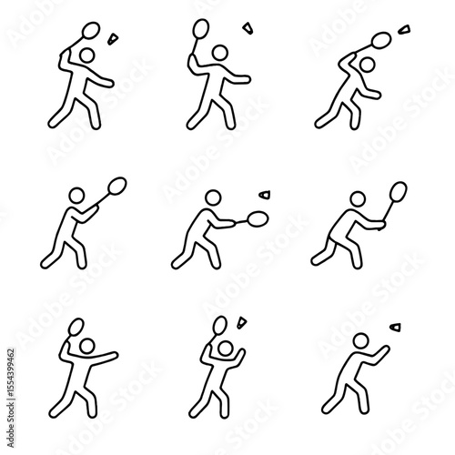Badminton Stroke Icons. Outline icon set of Fundamental Badminton Strokes: forehand clear, backhand clear, smash, drop shot, drive