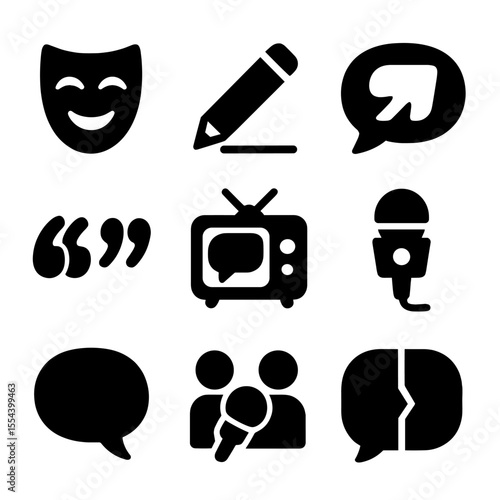 Social Commentary Icons. Solid, filled icons set of social commentary: comedy mask, editorial pencil, comment