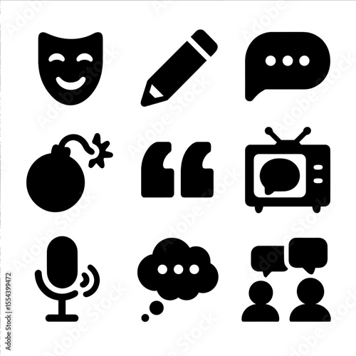 Social Commentary Icons. Solid, filled icons set of social commentary: comedy mask, editorial pencil, comment