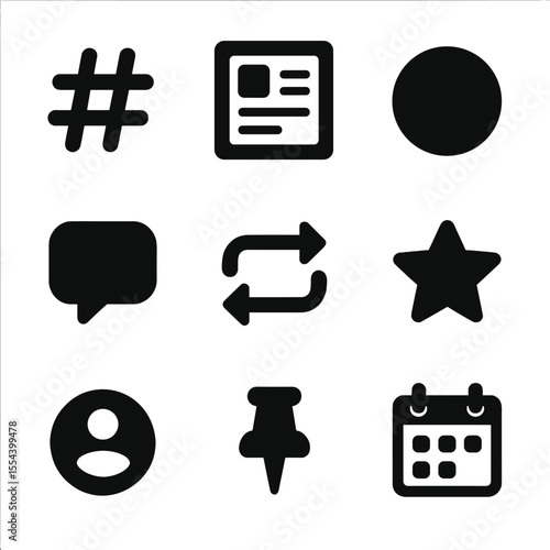 Social Media Icons Grid. Solid, filled icons set of social media brand storytelling: hashtag symbol, post