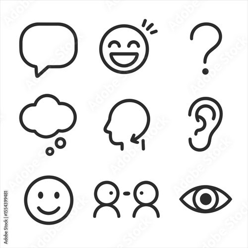 Conversation Icons Grid. Outline icon set of conversation elements: speech bubble, laughter icon, question mark, exclamation mark,