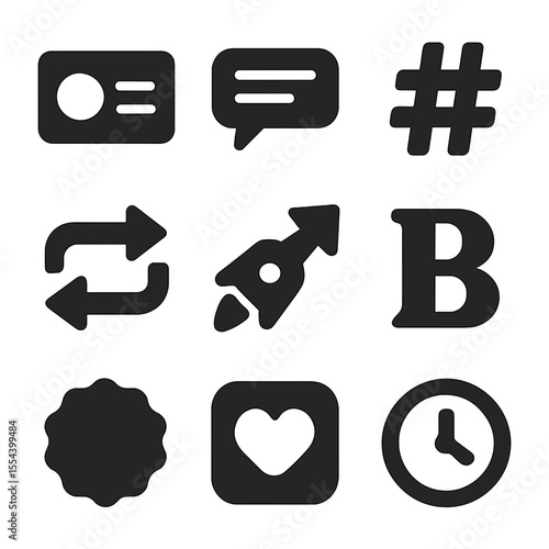 Social Media Icons Grid. Solid, filled icons set of branded social posts: logo text, caption block, hashtag