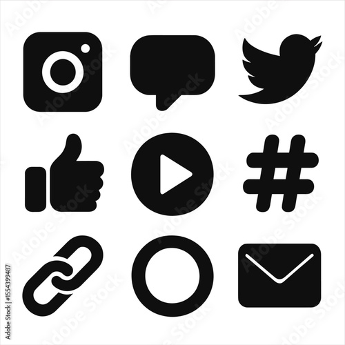Social Media Icons Grid. Solid, filled icons set of social platform icons: camera logo, message icon, bird