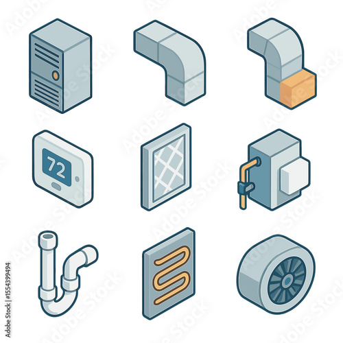 Basement HVAC Icons. Isometric Flat icon set of basement HVAC duct and piping: furnace unit, supply air duct, return air duct,