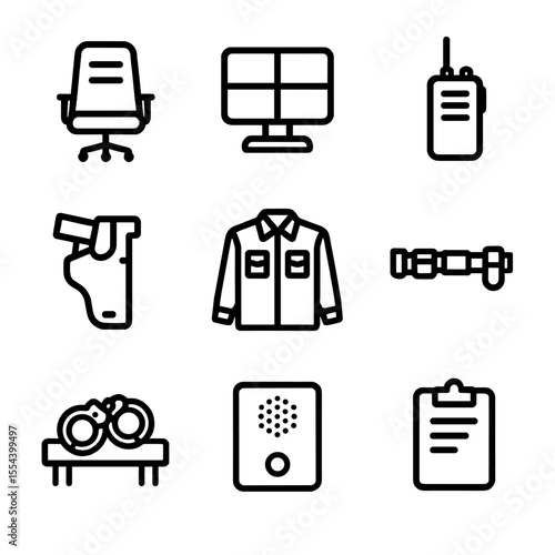 Bailiff's Tools Icons. Outline icon set of Bailiff’s Station Empty: bailiff’s desk chair, security monitor, radio device, taser