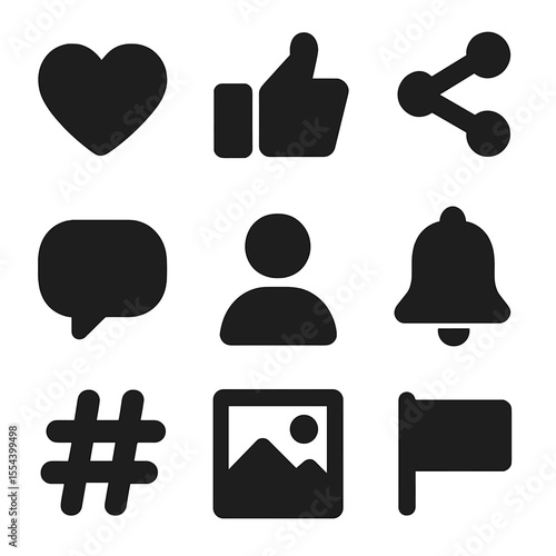 Social Media Icons Grid. Solid, filled icons set of social media: heart, like, share, chat bubble, follower,