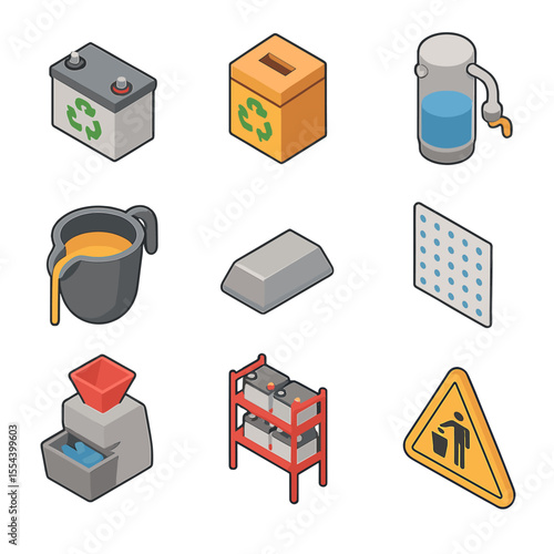 Battery Recycling Icons. Isometric Flat icon set of battery recycling: lead-acid battery, battery collection box, acid