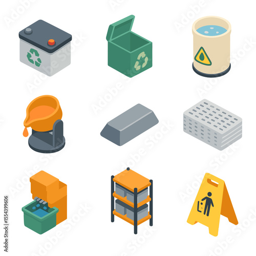 Battery Recycling Icons. Isometric Flat icon set of battery recycling: lead-acid battery, battery collection box, acid