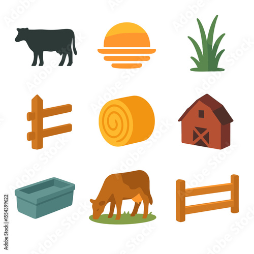 Countryside Icon Set. Isometric Flat icon set of countryside cows grazing at sunset: cow silhouette, setting sun, grass tuft,