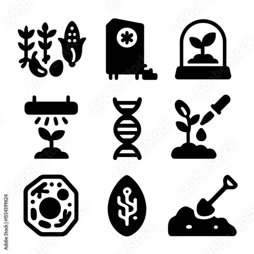 Space Agriculture Icons. Solid, filled icons set of space agriculture and genetics: genetically modified crops
