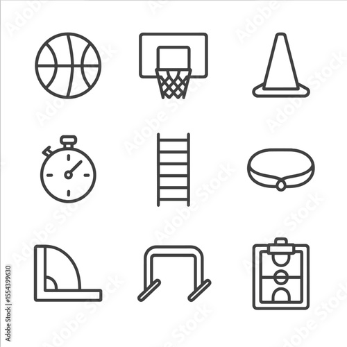 Basketball Training Icons. Outline icon set of basketball training drills: basketball, hoop, dribbling cone, stopwatch, training