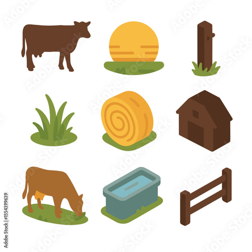 Countryside Icon Set. Isometric Flat icon set of countryside cows grazing at sunset: cow silhouette, setting sun, grass tuft,