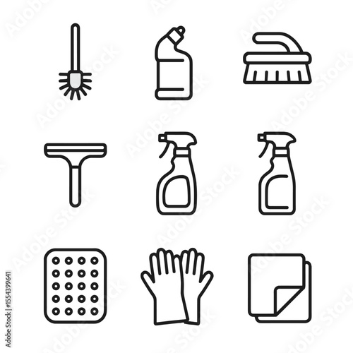 Bathroom Cleaning Icons. Outline icon set of Bathroom Cleaning Supplies: toilet brush, toilet bowl cleaner, tile scrubber, shower