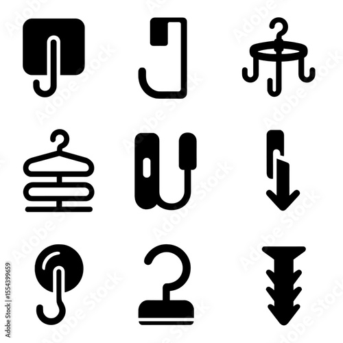 Space-Saving Hook Icons. Solid, filled icons set of space-saving hooks: adhesive hook, over-the-door hook,