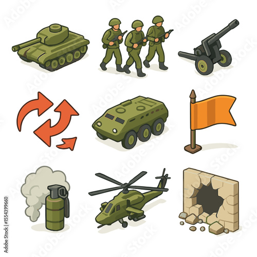 Battle Strategy Icons. Isometric Flat icon set of offensive maneuver strategies: battle tanks, infantry squad, artillery cannon,