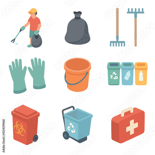 Beach Cleanup Icons. Isometric Flat icon set of beach cleanup activities: volunteer with grabber tool, trash bag, rakes, gloves,