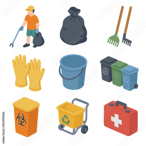 Beach Cleanup Icons. Isometric Flat icon set of beach cleanup activities: volunteer with grabber tool, trash bag, rakes, gloves,