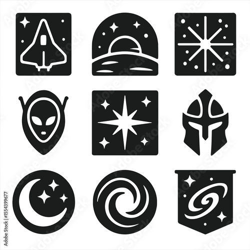 Space Opera Icons. Solid, filled icons set of space opera visual language: spaceship mural, planetary horizon,