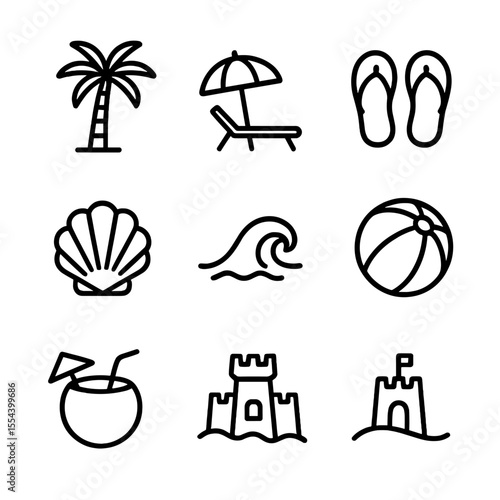 Beach Retreat Icons. Outline icon set of beach retreat: palm tree silhouette, sun umbrella, lounge chair, flip-flops, seashell,