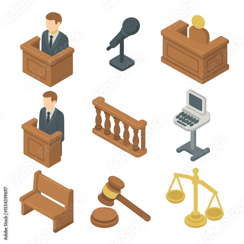 Courtroom Icons Grid. Isometric Flat icon set of Witness Stand Interaction: witness stand, microphone, judge bench, lawyer podium,
