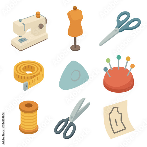 Dressmaking Tools Icons. Isometric Flat icon set of dressmaking tools: sewing machine, dress form mannequin, tailor’s scissors,