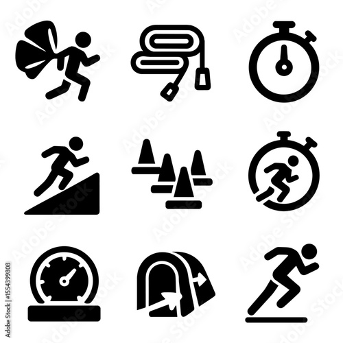 Sprint Training Icons. Solid, filled icons set of sprint and speed training tools: sprint parachute,