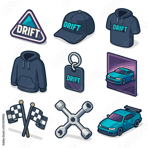 Drift Culture Icons. Isometric Flat icon set of drift culture and merchandise: team logo sticker, branded cap, t-shirt, hoodie,