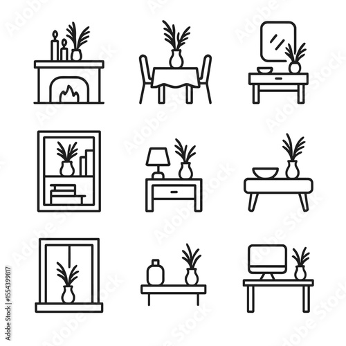 Dried Decor Icon Grid. Outline icon set of Interior Decor with Dried Arrangements: mantel display, dining table centerpiece,