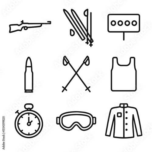 Biathlon Icon Set. Outline icon set of Biathlon: rifle, cross-country ski, shooting range target, bullet, ski poles, race bib,