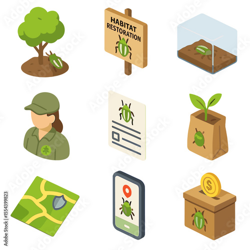 Beetle Conservation Icons. Isometric Flat icon set of beetle conservation efforts: reforestation tree, habitat restoration sign,