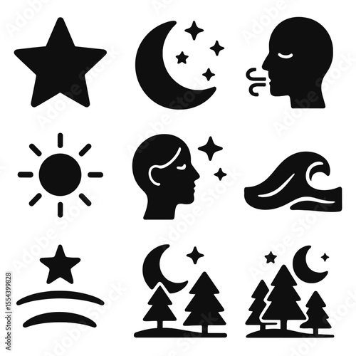 Stargazing Icon Collection. Solid, filled icons set of stargazing and night calm: star icon, night sky, calm