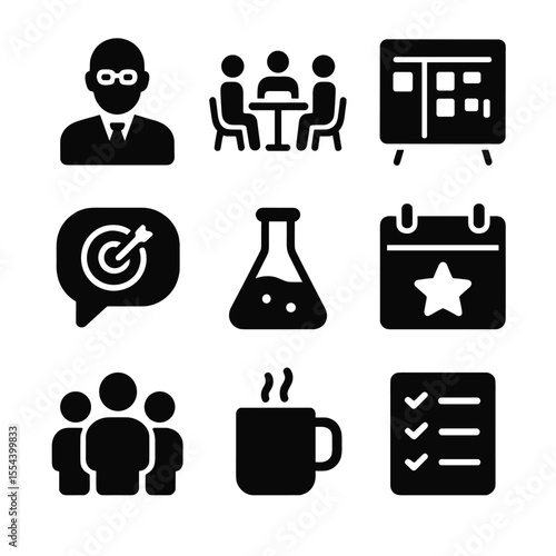 Startup Incubator Icons. Solid, filled icons set of startup incubators: mentor avatar, shared workspace,