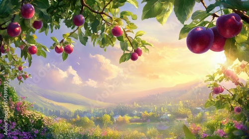 Richly colored purple plums dangling from green limbs in a picturesque plum orchard