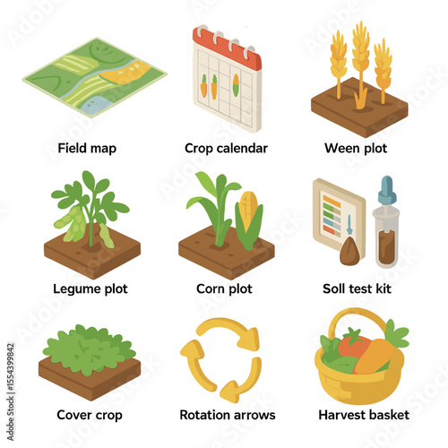 Crop Rotation Icon Set. Isometric Flat icon set of crop rotation planning: field map, crop calendar, wheat plot, legume plot, corn