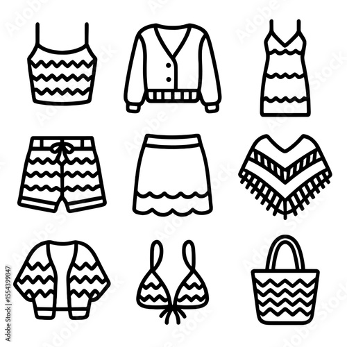 Crochet Wardrobe Icons. Outline icon set of crochet wardrobe essentials: crop top, cardigan, maxi dress, shorts, skirt, poncho,