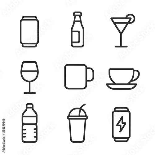 Drink Icons Set. Outline icon set of drinks for game marathon: soda can, beer bottle, cocktail glass, wine glass, coffee mug, tea