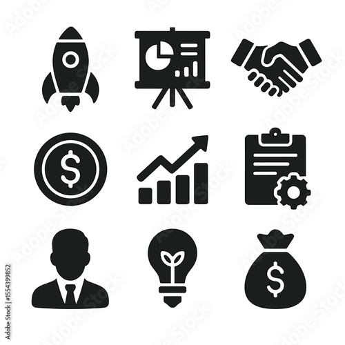 Startup Investment Icons. Solid, filled icons set of investing in startups: rocket launch, pitch deck,