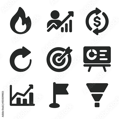 Startup Metrics Icons. Solid, filled icons set of startup metrics: burn rate flame, user graph, MRR icon,