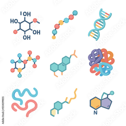 Biochemical Molecules Icons. Isometric Flat icon set of biochemical molecules: glucose molecule, amino acid chain, DNA double