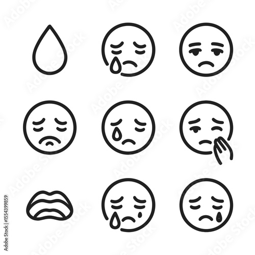 Crying Icons Set. Outline icon set of emotional crying expressions: tear drop, streaming tears, red swollen eyes, quivering lip,