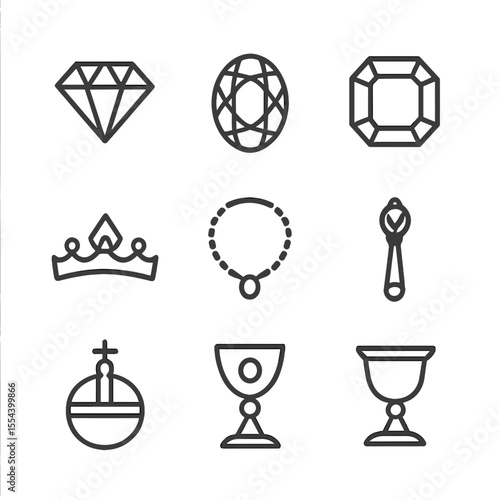 Crown Jewels Icons. Outline icon set of crown jewels collection: diamond, sapphire, emerald, ruby, tiara, necklace, scepter jewel,