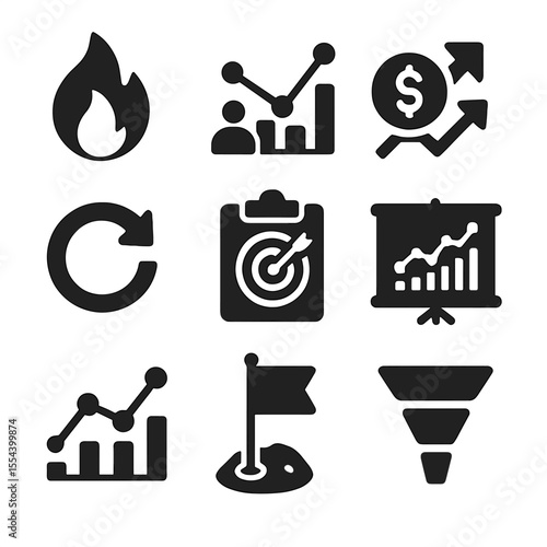 Startup Metrics Icons. Solid, filled icons set of startup metrics: burn rate flame, user graph, MRR icon,