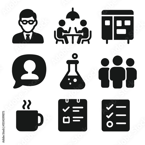 Startup Incubator Icons. Solid, filled icons set of startup incubators: mentor avatar, shared workspace,